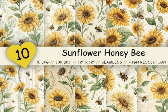 Sunflower Honey Bee Seamless Pattern